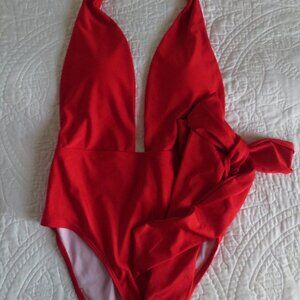 Unique Vintage X Joenic Red Plunge Retro One Piece Halter Swimsuit